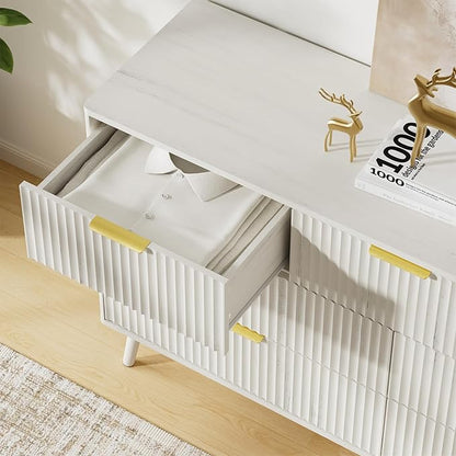 LYNSOM 55" Wide Fluted Dresser for Bedroom with 7 Drawer, Modern Chest of Drawers with Curved Profile Design and Metal Handles, Wood Dresser TV Stand & Storage Organizer for Living Room, White