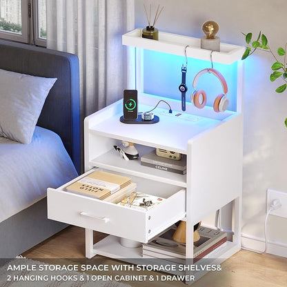 VIAGDO Nightstand with Charging Station and LED Lights, White Night Stand with Drawer, Modern End Side Table with Open Storage Shelves, Bedside Tables for Bedroom, Office