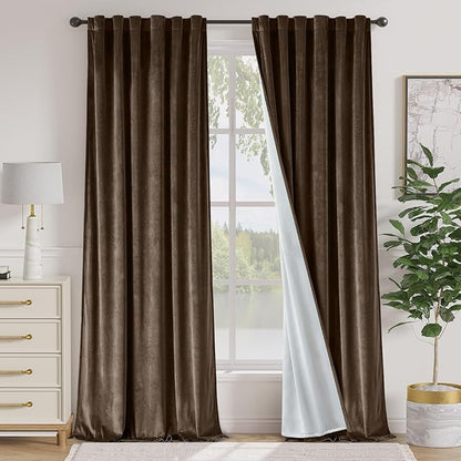 Lazzzy Dark Brown Velvet Curtains 108 Inches Long Blackout Thermal Insulated Blackout Lined Curtain Drapes Back Tab Window Treatments for Bedroom Living Room 2 Panels,52 x 108 Inch, Truffle