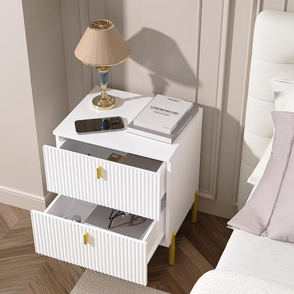 Luxury Fluted Night Stand Set of 2, Nightstand with 2 Drawers, Modern Bedside Table with Golden Legs and Handles, End Tables for Living Room Bedroom, White
