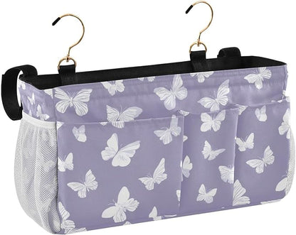 Bedside Caddy Hanging Bunk Bed Caddy Bed Organizer Hanging Pocket with 2 Hooks Bedside Storage Organizer Pocket Bag Holder White Butterfly Purple