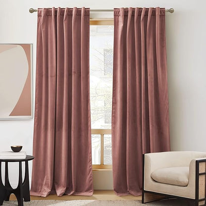 RYB HOME Wild Rose Velvet Curtains 102 inches, Back Tab Soft Fabric Room Darkening Thermal Insulated Luxurious Home Decor Curtains for Living Room Bedroom, W 52" x L 102", 2 Panels Set