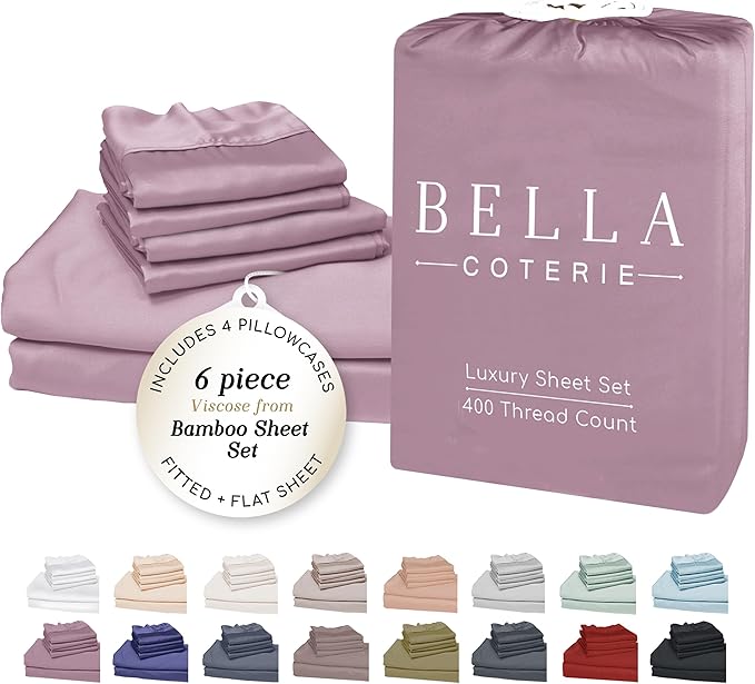 Bella Coterie 6 Piece Luxury Bamboo Viscose California King Size Sheet Set | 100% Organically Grown | Cooling for Hot Sleepers | 18" Deep Pocket | Soft & Hypoallergenic | 4 Pillowcases [Lilac]