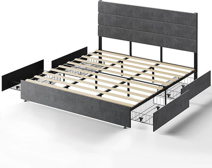 WLIVE King Size Upholstered Bed Frame with 4 Storage Drawers and Headboard, Velvet Platform Bedframe, Sturdy Metal & Wooden Slats Support, No Box Spring Needed, Easy Assembly, Dark Grey