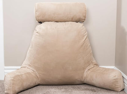 Husband Pillow XXL Aspen Edition, Adult Reading Sit Up Bed Rest Pillow for Bed with Arms & Neck Roll on Bungee Cord - Premium Memory Foam - Reversible 2 Sided Cover Micro Suede or Plush, Cowboy Taupe