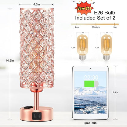 Hong-in Rose Gold Lamp Set of 2, 3-Way Crystal Table Lamp Touch Control with USB-C+A & AC Ports, Dimmable Nightstand Desk Light, Pink Bedside Table Lamp for Bedroom(Bulb Included & Set of 2)