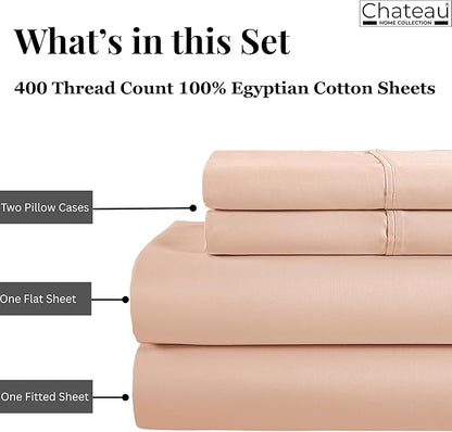 100% Egyptian Cotton Queen Size Bed Sheets, 400 Thread Count 15" Deep Pocket Queen Sheet Set, Sateen Weave Naturally Cool Soft Breathable Elasticated Luxury Bedding For All Seasons- Blush