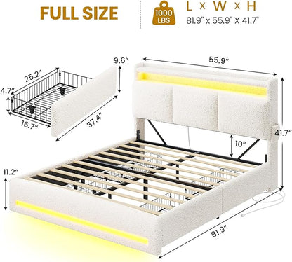 VIAGDO Full Size Bed Frame with Storage Headboard and Charging Station, Boucle Upholstered Bed Frame Full Size with 4 Drawers and LED Lights, Type C and USB, No Box Spring Needed, Cream White