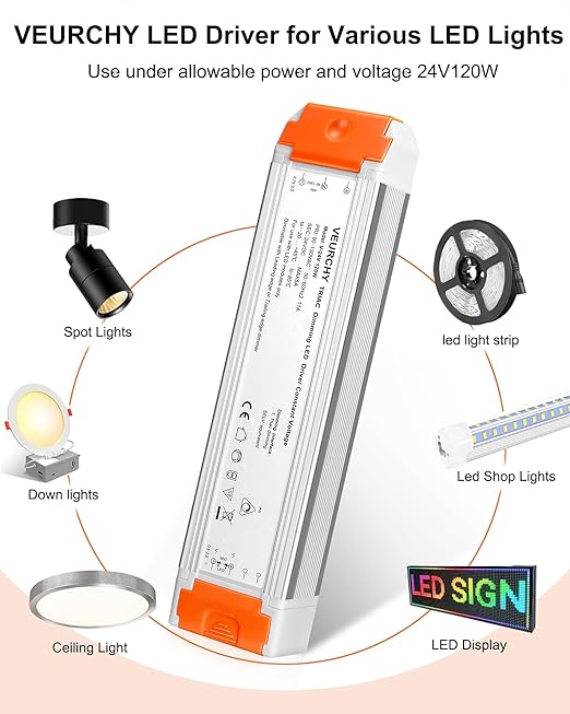 120W 24V Dimmable LED Driver,Triac Dimmable Transformer AC 120V to DC 24V 120 Watt Compatible with Lutron & Leviton Dimmer Switches, Dimmer Led Power Supply 24 Volt for Strip Lights