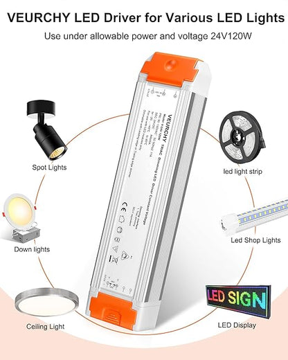 120W 24V Dimmable LED Driver,Triac Dimmable Transformer AC 120V to DC 24V 120 Watt Compatible with Lutron & Leviton Dimmer Switches, Dimmer Led Power Supply 24 Volt for Strip Lights