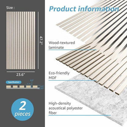 Art3d 2 Wood Slat Acoustic Panels for Wall and Ceiling - 3D Fluted Sound Absorbing Panel with Wood Finish - White Elm