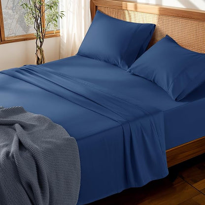 LBRO2M 100% Cotton Sheets Set Deep Pocket 19", 1000 Thread Count Full Size 4 Piece Bed Sheet Sets Soft Comfortable Bedding All Season (Full, Navy Blue)