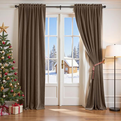 Lazzzy Velvet Blackout Curtains Thermal Insulated Room Window Drapes Super Soft Luxury Curtains for Living Room Bedroom Rod Pocket 2 Panels, Truffle, 52" W x 120" L