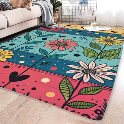 Machine Washable 5' x 7' Folk Art Print Style Area Rug, Flowers Floor mat, Suitable for bedrooms, Girls' Room Bedside, Living Room, Dining Room, Office, Non-Slip Low-Pile Retro, Fashionable Carpet