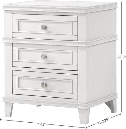 HKHUASEN White Bedside Table with 3 Drawers and USB Ports, Nightstand for Bedroom Organization and Easy Charging