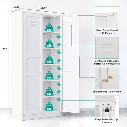 SISESOL 71" Tall Pantry Cabinet with 2 Doors and 6 Shelves,Kitchen Pantry Storage Cabinets,White Metal Storage Cabinet,Wide Deep Food Cupboard for Home,Kitchen,Dining/Living Room