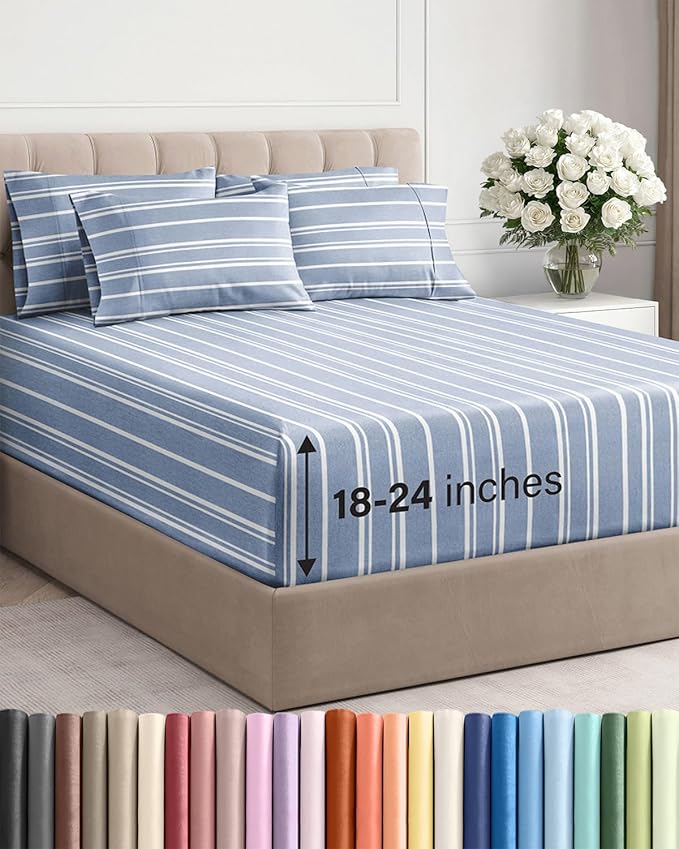 Extra Deep Full Sheet Set - 6 Piece Breathable and Cooling Sheets - Hotel Luxury Bed Sheets Set - Easy Fit - Soft, Wrinkle Free and Comfy Sheets Set - Blue Striped Sheet Set with Extra Deep Pockets