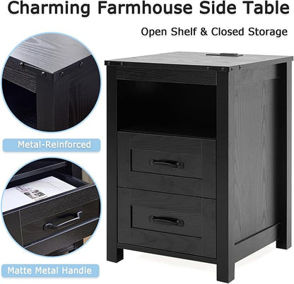 Puntogen Black Night Stand, Rustic End Table with Charging Station, Farmhouse Tall Nightstand for Bedroom, Drawer Dresser Bedside Table with Open Storage Shelf