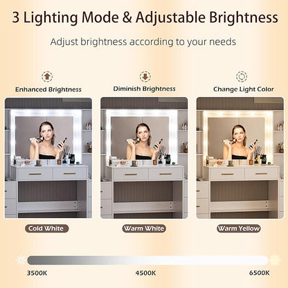 White Vanity Desk with Mirror, Lights & Charging Station, 58" 3 Lighting Modes Makeup Desk with 8 Drawers, 2 Cabinets and Lots Storage, Dressing Table Vanity Set with Lighted Mirror