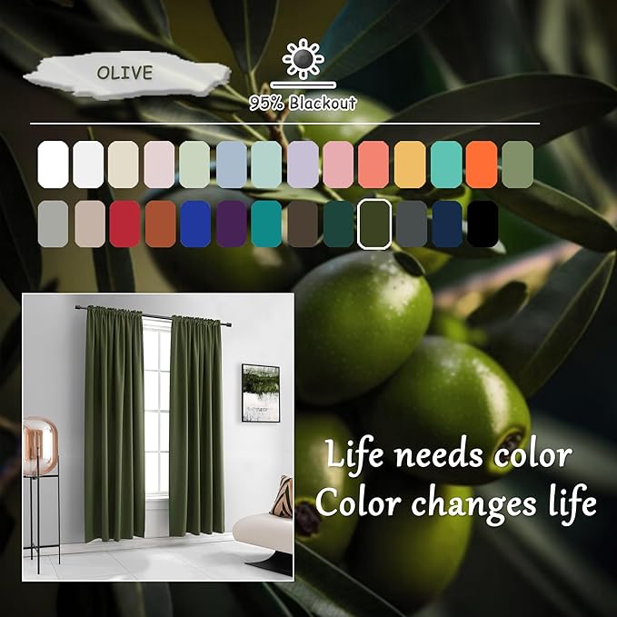 DONREN Olive Green Curtains 96 Inch Length for Sliding Glass Patio Door,Blackout Window Curtain Panels for Living Room,Thermal Insulated Bedroom Home Decor,Set of 2 Panel,W 52 by L 96 Inch