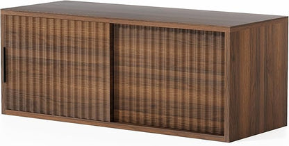 Floating Nightstand with Sliding Doors, Modern Fluted Large Night Stand Storage Shelf Wall Mounted Bedside Tables for Bedroom, Brown