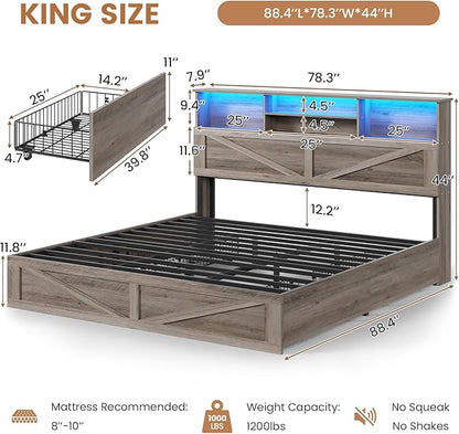 VIAGDO Farmhouse Bed Frame King Size with Bookcase Storage Headboard, Charging Station and LED Lights, Wooden King Bed Frame with 4 Drawers, Barn Door Design, No Box Spring Needed, No Noise, Grey