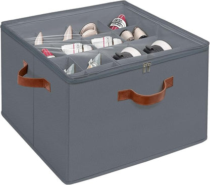 Shoe Organizer for Closet, Foldable Shoe Storage Box with Clear Top Lid, 3 Leather Handles, Adjustable Dividers, Fits 8-16 Pairs, Stackable Shoe Bin for Bedroom (Gray, 1 PCS/16.9*11.8*1.57 inch)