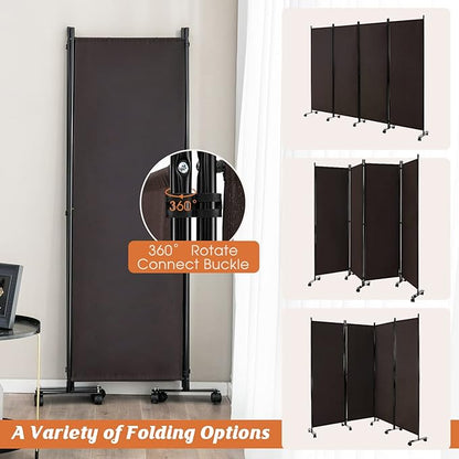 GOFLAME 4 Panel Folding Room Divider, 6FT Rolling Privacy Screen with Lockable Wheels, Portable Room Partition Screen, Freestanding Wall Divider and Separator for Home Office, Brown