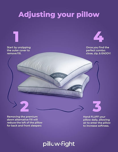 Pillow Fight Knockout - King Pillow, Luxury & Adjustable, Down Alternative, Bed and Neck Pillow, Cooling for, Back Support, Stomach, and Side Sleepers (King Size, Single)