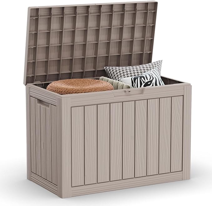 45 Gallon Outdoor Storage Box Waterproof Lockable Resin Deck Box Large, Patio Storage Bin for Pool Accessories Cushion Furniture, Garden Tools, UV-Resistant Outside Delivery Light Coffee