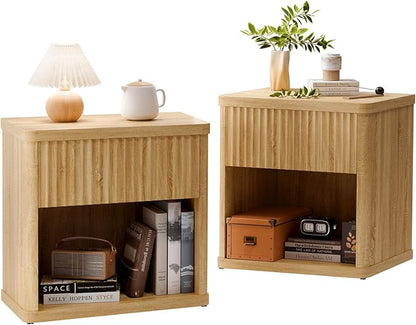CMFYDAILY Fluted Night Stand Set 2, Large Wood Bedside Table Set of 2 Nightstands Set of 2 with Drawer and Storage Shelf for Bedroom, Small Spaces