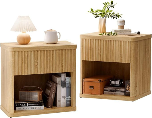 CMFYDAILY Fluted Night Stand Set 2, Large Wood Bedside Table Set of 2 Nightstands Set of 2 with Drawer and Storage Shelf for Bedroom, Small Spaces