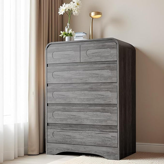 Grey Dresser for Bedroom with 6 Drawers, Tall Dressers & Chest of Drawers with Curved Profile Design, Modern Wood Closet Clothes Storage Dressers Organizer for Bedroom Living Room Hallway
