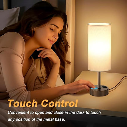 Bedside Touch Table Lamps for Bedroom Nightstand with USB-C USB-A Charging Ports, White & Brown 3 Way Dimmable Small Desk Lamp for Office, Living Room, Reading, Dorm