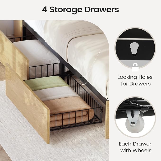 AOGLLATI Full Size Bed Frame with 4 Storage Drawers and Natural Rattan 2-Tier Bookcase Hidden Headboard, Boho Led Bed Frame Full Size with Charging Station, No Box Spring Needed, Wood