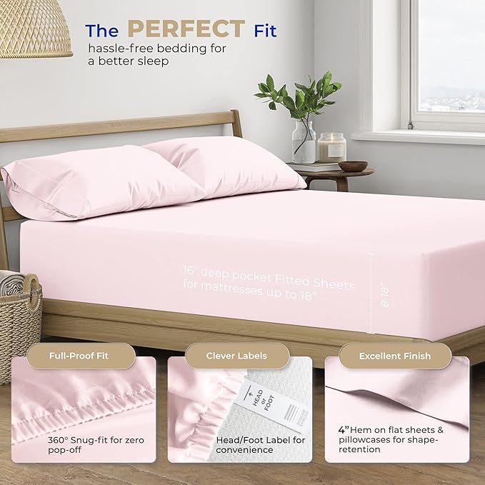 THREAD SPREAD Split King Sheets Sets for Adjustable Bed - 400 Thread Count 5 PC Sateen Split Sheet Set, Cooling Cotton Sheets, 2 Twin-XL Fitted Sheets, 16" Deep Pocket Split King Sheet (Blush)