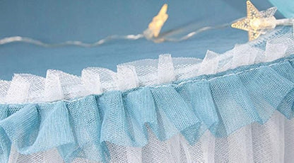 VETHIN Princess Bed Canopy for Girls,Bed Canopy Curtain- Double Layer Sheer Mesh Dome Bed Curtain- Round Lace Princess Mosquito Net Tent with led Stars String Lights(Blue/White)