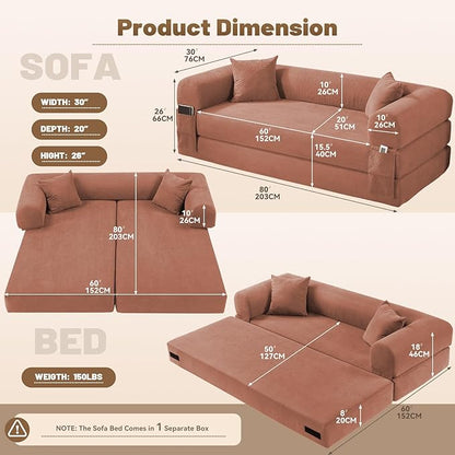 80" Convertible Sofa Bed,Corduroy Folding Sleeper Sofa Bed Queen with Pillows & Storage,Modular Pull Out Couches Boneless Couch for Living Room,Compressed Couch in a Box,Pink