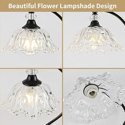Table Lamp for Bedroom,Crystal Glass Beside Lamp,Plug in Dimmable Black Lamp Flower Nightstand Lamp for Living Room, Office, Desk, Home Decor