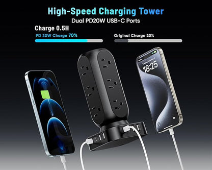 Dual PD 20W Power Strip Tower, TenTrend Surge Protector Power Strip with 12 AC Outlets & 8 USB Ports (4 USB C), 40W Desk Fast Charging Station, 10FT Flat Plug Extension Cord for Desk Office Dorm Room