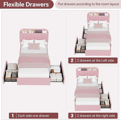 Twin XL Bed Frame with Storage Headboard and 2 Drawers, Boucle Upholstered Platform Bed with Bookcase, Modern Kids Twin XL Bed Frames for Small Rooms, No Box Spring Needed, Easy Assembly, Light Pink