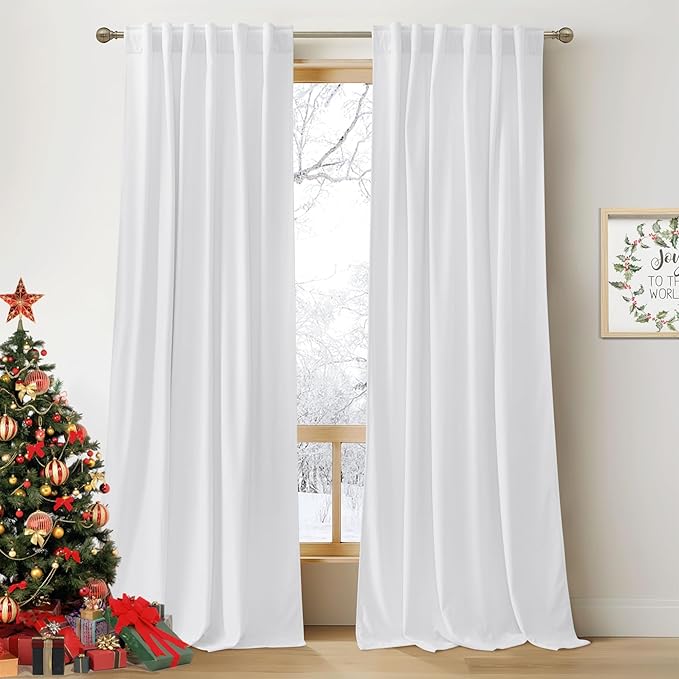 RYB Home White Velvet Curtains 96 inches Long for Bedroom - Luxury Light Reducing Vertical Back Tab Drapes Simple Home Decoration for Sliding Door Living Room, W52 x L96, 2 Pieces