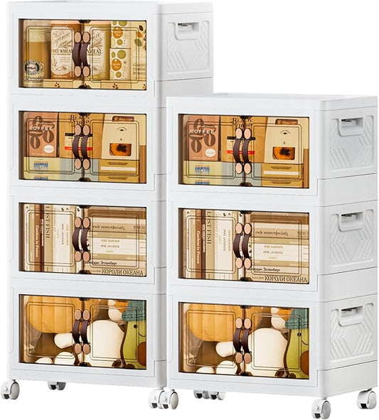 JEKO&JEKO 247Qt Stackable Storage Bins with Lids and Wheels, Foldable Collapsible Plastic Boxes for Clothes, Home, White, 7Pack
