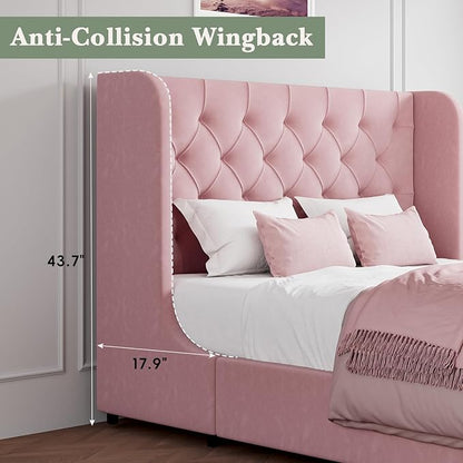 HOMBCK Pink King Size Bed Frame, Upholstered Platform Bed Frame with Velvet Tufted Headboard, Curved Wingback Design, Wooden Slats, No Box Spring, Noise Free, Easy Assembly