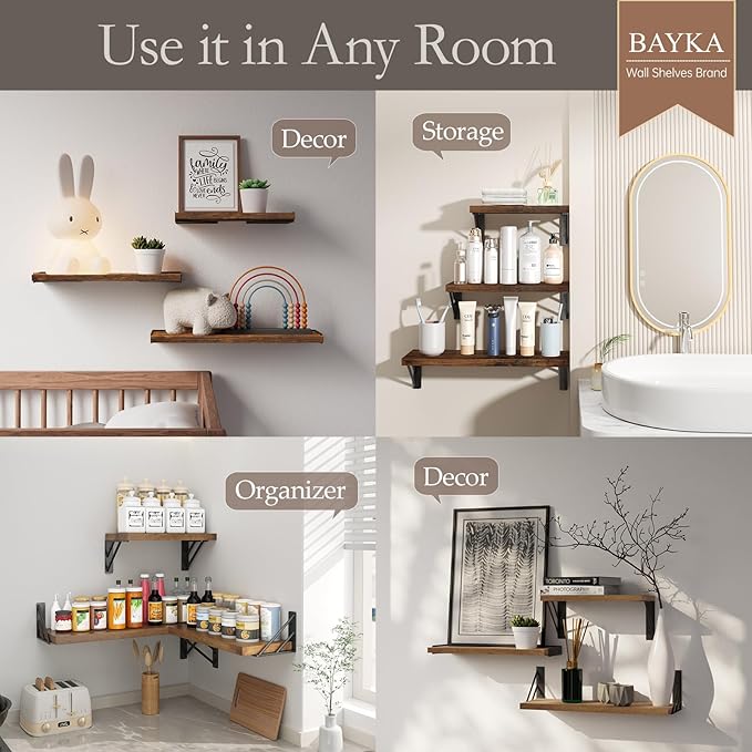 BAYKA Wall Shelves for Bedroom Decor, Floating Shelves for Wall, Display Mounted Rustic Wood Shelf for Books,Plants,Corner Shelves for Bathroom,Kitchen,Living Room(Rustic Brown,Set of 3)