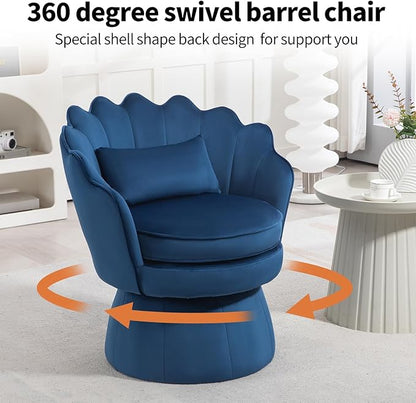 360° Swivel Accent Chairs Set of 2, Mid-Century Modern Velvet Barrel Chair, Comfy Shell Shape Arm Chair with Lumbar Pillow for Living Room, Bedroom, Office, Dark Blue