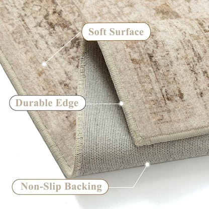 Beige 3x5 Area Rug Non Slip Vintage Office Entryway Rug Distressed Machine Washable Kitchen Carpet Retro Traditional Floral Accent Throw Door Mat for Bedroom Bathroom Dining Living Room