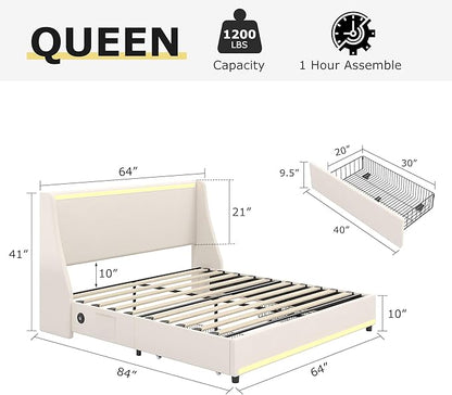 VECELO Queen Size Bed Frame with Storage Drawers, Upholstered Platform Bedframe with Wingback Headboard, No Box Spring Needed, Beige