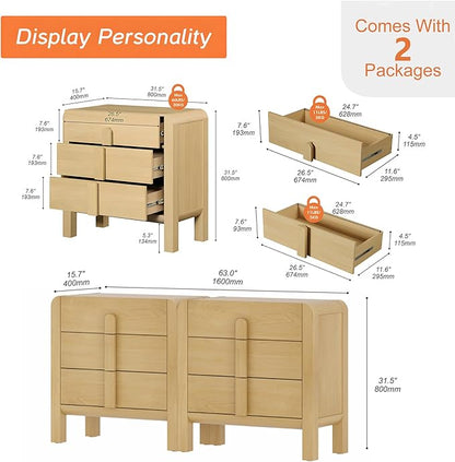 WAMPAT 6 Drawer Dresser for Bedroom, 2 in 1 63" Wide Mid Century Modern Wide Chest of Drawer, Wood Tall Nightstand with Curved Edge Handles, Closet Dresser TV Stand for Bedroom, Oak
