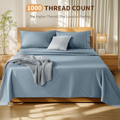 LBRO2M 100% Cotton Sheets Set Deep Pocket 19", 1000 Thread Count California King Size 4 Piece Bed Sheet Sets Soft Comfortable Bedding All Season (California King, French Blue)